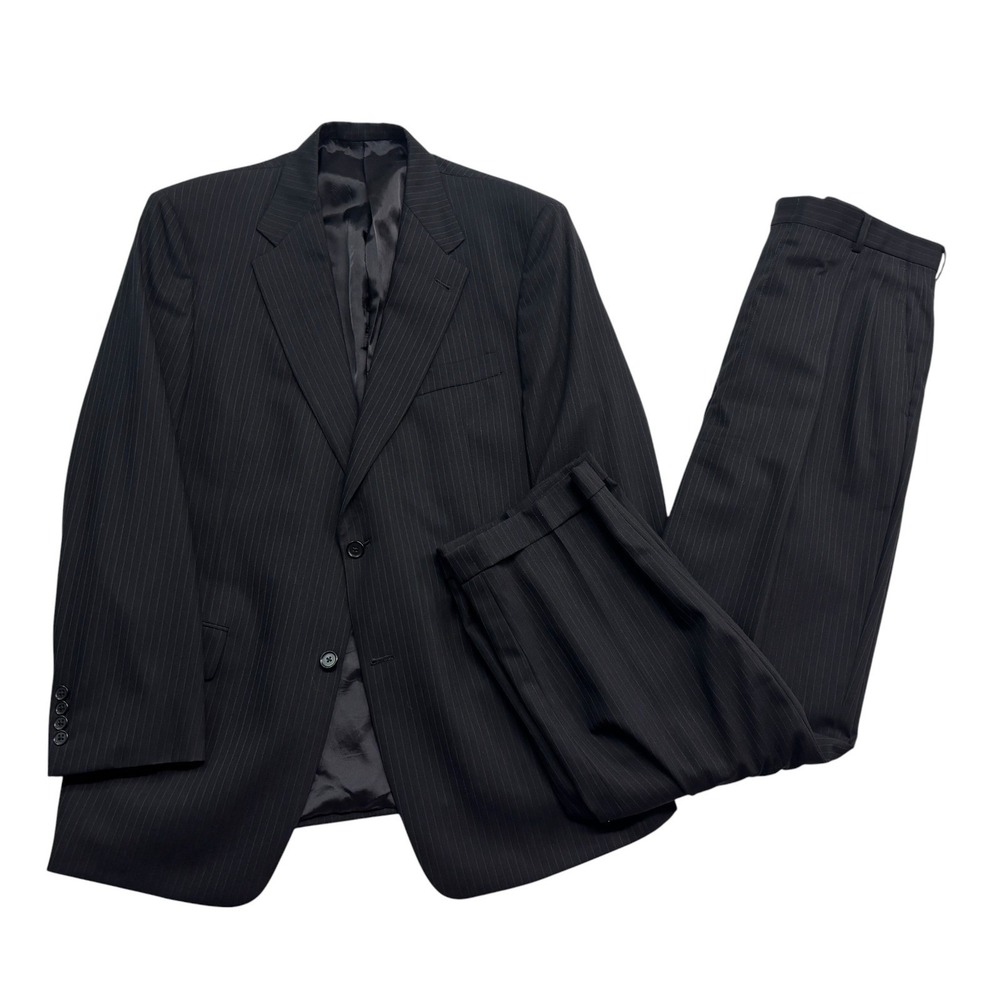 vtg Hart Schaffner Marx 42R 36x30 Black Pinstripe 2pc Pant Suit Pleated USA
